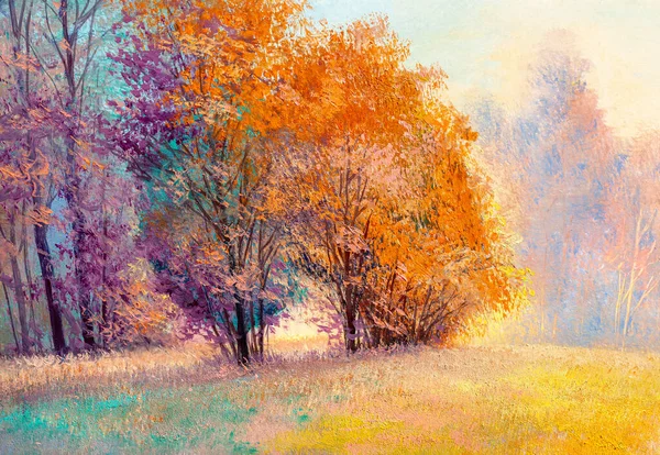 Autumn Forest Orange Leaves Original Landscape Painting Oil Paints — Stock Photo, Image