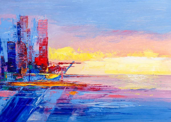 Panorama Skyscrapers Bank Morning Sea Oil Painting Stock Photo