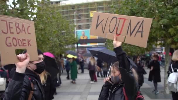 Wroclaw, Poland, 23 october 2020 - Womens Strike in Wroclaw. The revolution is a woman. Inscription in Polish - fucking godek, war, free — 图库视频影像