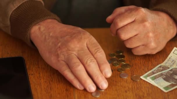 Gros plan d'une main d'homme comptant l'épargne d'argent due à la crise financière économique et au chômage regardant le téléphone avec les taux de change et une calculatrice, baisse des revenus — Video