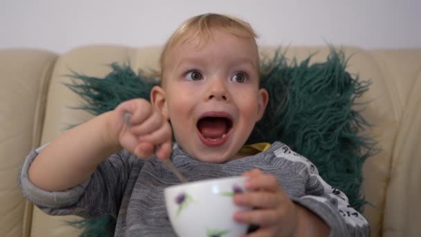 Rapaz a ver desenhos animados e a comer gelado de manga. Fechar retrato interior de uma loira de três anos. Infância feliz, conceito de criança de lazer — Vídeo de Stock