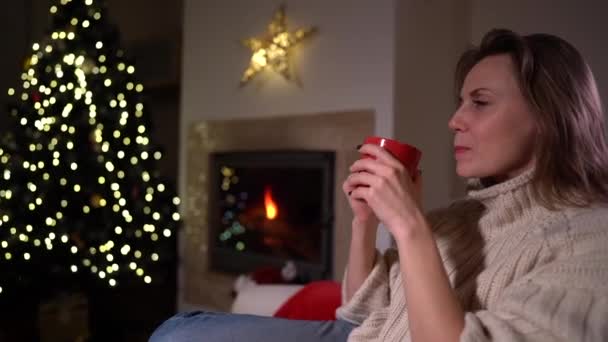 メリークリスマスとハッピーホリデー。暖炉の近くの椅子に座っているかなり若い女の子は、室内でコーヒーを飲んでいます。使い捨てカップからお茶を飲む。新年の背景 — ストック動画