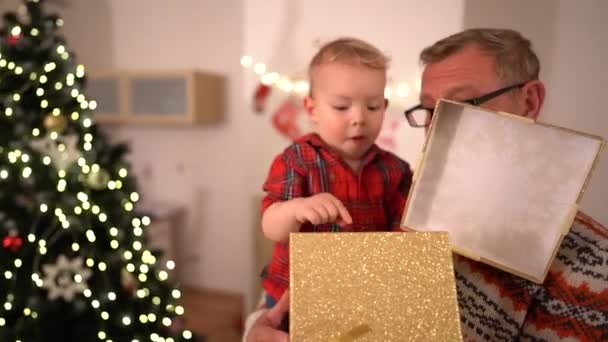Emeryt otwiera prezent świąteczny ze swoim wnuczkiem. Dzieciak z zainteresowaniem wyjmuje z pudełka błyszczący wystrój. Wesołych Świąt. Dziadek i wnuk — Wideo stockowe