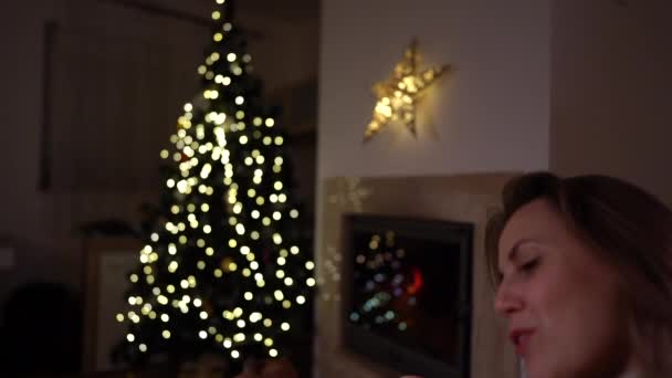 Mooie vrouw met een mok thee in de hand en met een hondenknuffel, tegen de achtergrond van een open haard en een kerstboom. Gelukkig Nieuwjaar — Stockvideo