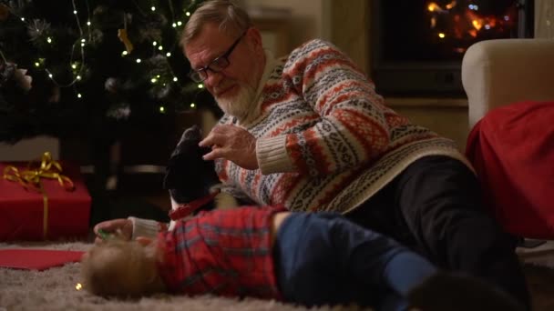 Grootvader en kleinzoon en de hond hebben plezier liggend op het tapijt bij de kerstboom. Familietradities. Oudere man en kind vieren kerst, gelukkig gezin — Stockvideo