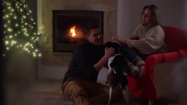 Genç bir aile, karı koca, köpeği yanan bir şöminenin ve Noel ağacının yanında oturuyor. Mutlu Noeller ve yeni yıl. Ev konforu