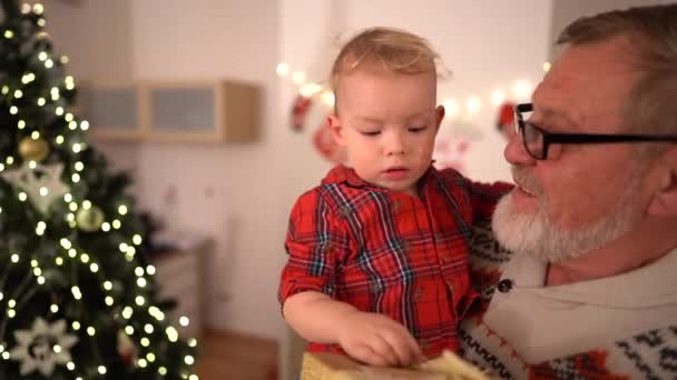 Grootvader en kleinzoon vieren kerst thuis bij de boom. Een gelukkige peuter kijkt naar kerstcadeaus terwijl hij in zijn grootvaders armen zit — Stockvideo