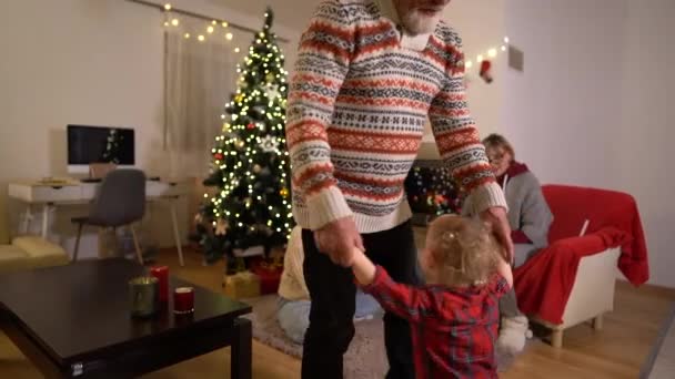 Lycklig familj firar jul. Julhelger. Morfar dansar med sitt barnbarn nära julgranen. Glad familj firar jul nära öppna spisen — Stockvideo