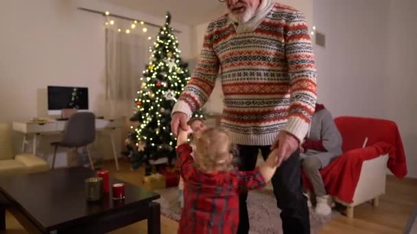 Glückliche Familie feiert Weihnachten. Weihnachtsferien. Großvater tanzt mit seinem Enkel am Weihnachtsbaum. Glückliche Familie feiert Weihnachten am Kamin — Stockvideo