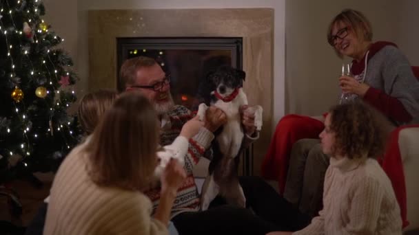 A friendly family gathered around the fireplace decorated for christmas and stroking a pet black and white mongrel dog — Stock Video