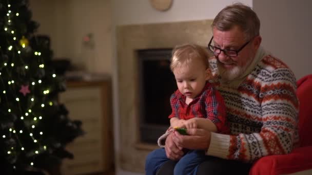 Avô e neto estão sentados perto da lareira decorada para o Natal. Tradições familiares e véspera de Natal — Vídeo de Stock