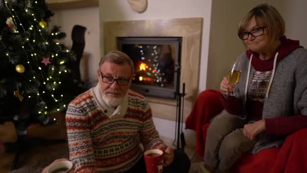 Husband and wife, an elderly couple are hosting guests at home on Christmas Eve. Big family by the fireplace. Cozy living room with fireplace and Christmas tree — Αρχείο Βίντεο