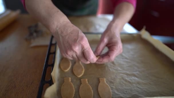 Τα χέρια μιας ηλικιωμένης γυναίκας απλώνουν μπισκότα με μελόψωμο σε ένα ταψί. Χριστουγεννιάτικα γλυκά, χριστουγεννιάτικες παραδόσεις και κουλουράκια με μελόψωμο — Αρχείο Βίντεο