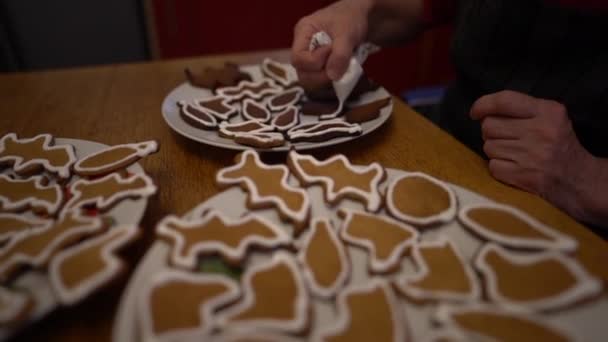 En oigenkännlig äldre kvinna dekorerar en pepparkakskaka med issocker och en baksäckar. Julpepparkakor, hembakade kakor, familjetraditioner — Stockvideo