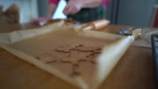 Egy idős nő frissen sütött süteményeket gyűjt a sütőlapról. Karácsonyi mézeskalács sütik, Házi készítésű kulináris receptek — Stock videók