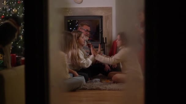 Eine glückliche Familie, ein älteres Ehepaar, ihre Tochter und ihr kleiner Enkel und ein Hund amüsieren sich an Heiligabend am Kamin. Familie feiert Weihnachten, Blick aus dem Fenster bei Frost — Stockvideo