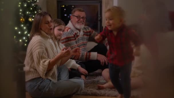 Una familia feliz, una pareja de ancianos, su hija y su nieto pequeño y un perro se divierten junto a la chimenea en la noche de Navidad. Familia celebrando la Navidad, vista a través de la ventana con heladas — Vídeos de Stock