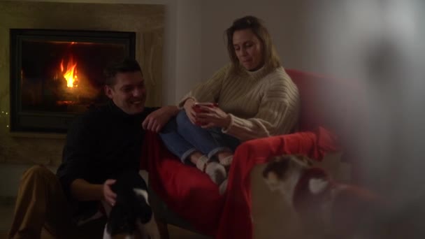 Noël en famille près de l'arbre de Noël et cheminée. Mari, femme et leur chien près de la cheminée. L'idylle familiale. Vue à travers le verre — Video