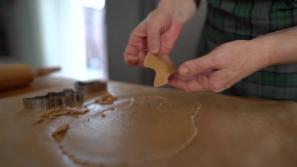 Bandeja para hornear con galletas de jengibre. Recetas de cocina casera. Las manos cansadas de una pastelera ponen las galletas en papel a prueba de grasa para hornear. — Vídeos de Stock