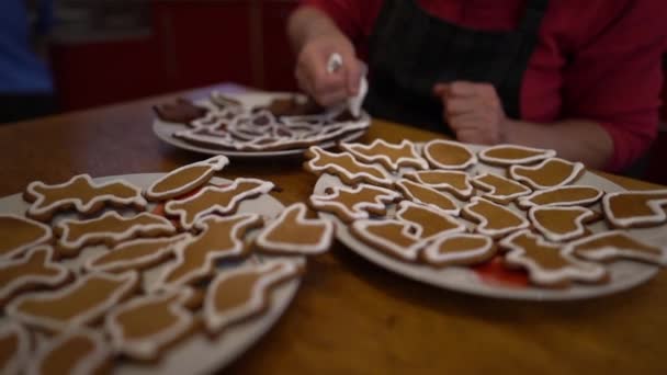 Handen van vrouwelijke bakker versieren kerstkoekjes voor haar kleinkinderen met suikerglazuur. Familietradities, zelfgebakken producten — Stockvideo