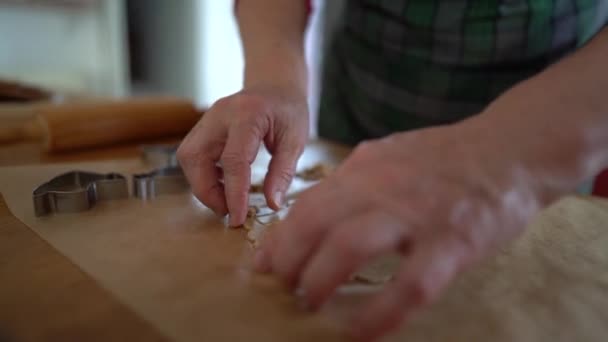 Manos de panadero femenino mostrando bandeja con galletas, receta de pan de jengibre. El pensionista coloca galletas crudas en una bandeja para hornear. Tradiciones caseras, galletas de Navidad — Vídeos de Stock