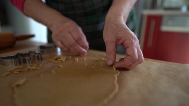 El cocinero pone las galletas en una bandeja para hornear antes de hornear. Receta de galletas Shortbread. Pasteles tradicionales alemanes, galletas de jengibre — Vídeos de Stock