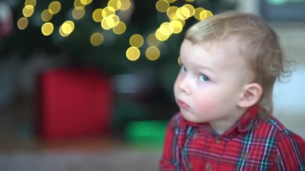 Natal e celebração do ano novo, infância feliz. Criança feliz ri alegremente contra o fundo das luzes de Natal — Vídeo de Stock
