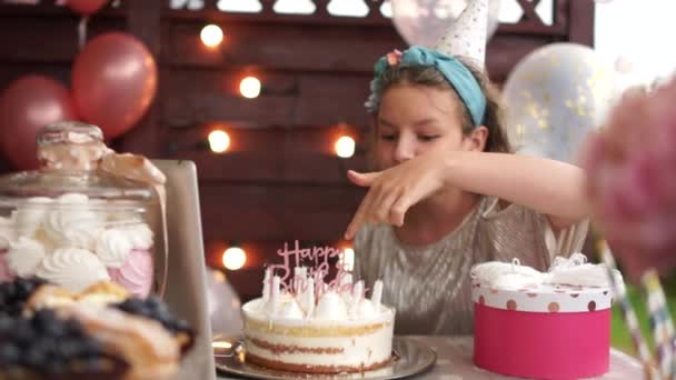 Birthday girl teen celebrating her birthday at home and communicate with friends or family by video chat because of the covid19 pandemic — Stock Video