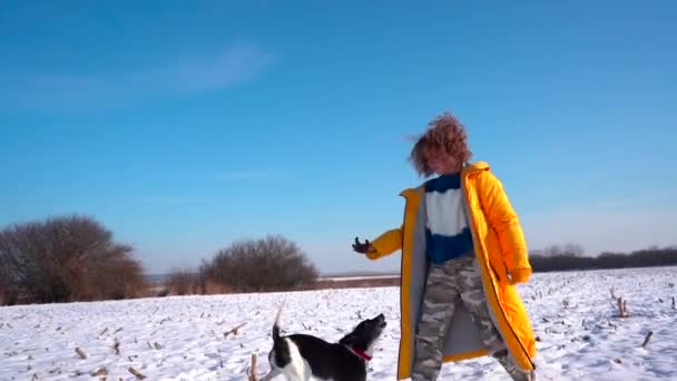 Ένα σγουρομάλλικο κορίτσι με κίτρινο παλτό τρέχει στο χιόνι με το κατοικίδιό της. Χειμωνιάτικο πορτραίτο ενός δραστήριου έφηβου κοριτσιού και του σκύλου της — Αρχείο Βίντεο