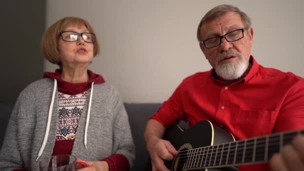 Šťastný pár důchodců zpívá písničku, zatímco sedí doma na gauči. Muž hraje na akustickou kytaru — Stock video