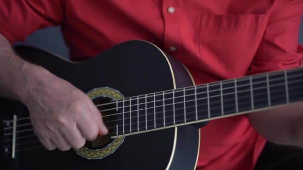 Close up of mans hands playing acoustic guitar at home. Portrait of man in a red shirt playing the guitar while sitting on the couch at home. Hobby and music concept — Stock Video