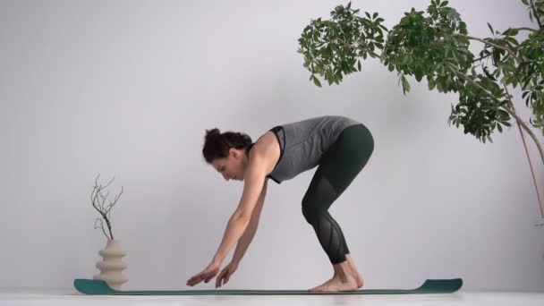 Frau in traditioneller Yoga-Pose. Ein erwachsenes attraktives Mädchen übt nach unten gerichtete Hundeasana. Yoga-Studio — Stockvideo