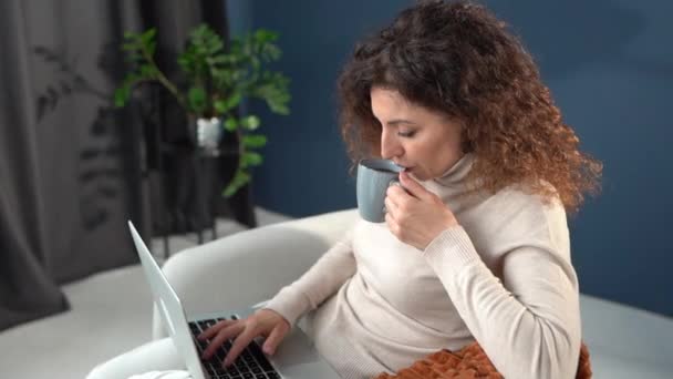 Close up portrait of female freelancer working using a laptop. A woman drinks coffee and works remotely while sitting in a comfortable armchair. Home office concept — Stock Video