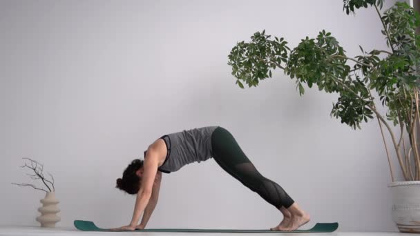 Vrouw in een traditionele yoga pose. Een volwassen aantrekkelijk meisje oefent naar beneden gerichte hond asana. Yoga studio — Stockvideo