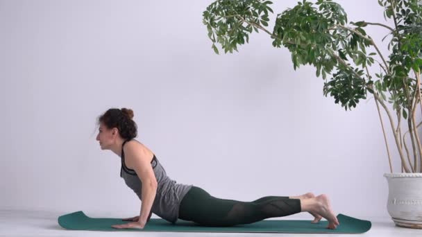 Тренування йоги-асани. вправи, щоб розтягувати і зміцнювати м "язи спини. приваблива доросла дівчина виконує вправи, стоячи босоніж на маті. Поза кобри. — стокове відео