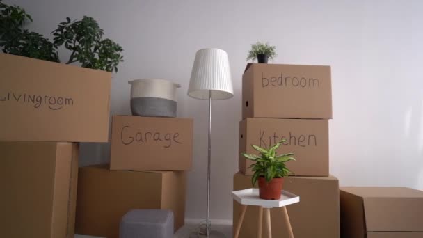 The girl brings a box into the room. Portrait of a woman packing and signing things in cardboard boxes. Moving, new place of residence and minimalism concept — Stock Video