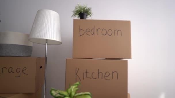 La chica trae una caja a la habitación. Retrato de una mujer empacando y firmando cosas en cajas de cartón. Mudanza, nuevo lugar de residencia y concepto de minimalismo — Vídeo de stock