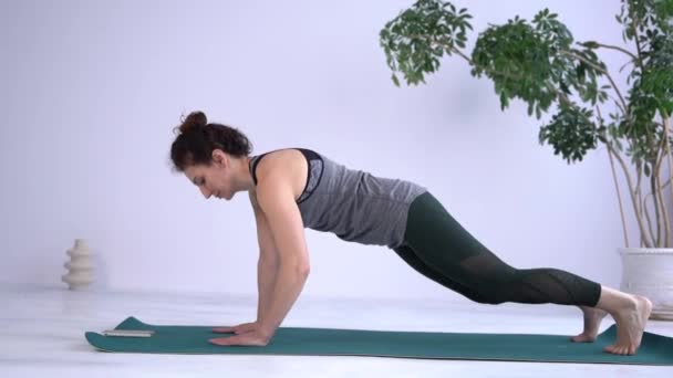 Koncentrerad smal kvinna stående i plank position. Porträtt av stark självsäker idrottskvinna träning hemma — Stockvideo