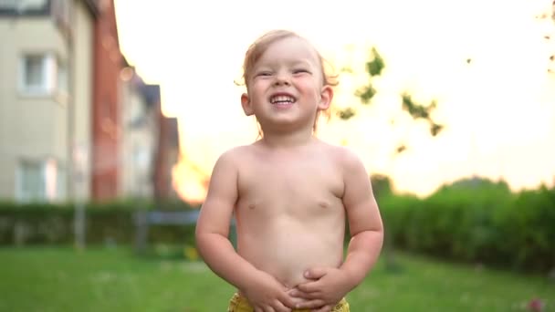 Close portrait of a happy toddler. Boy laughing and fooling around in front of the camera while standing in the rays of the summer sun in countryside. Summer vacation — Stock Video