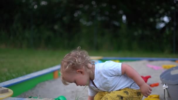 Ragazzo biondo carino che gioca in una sabbiera con stampi di plastica e sabbia. Tempo libero per bambini, infanzia felice — Video Stock