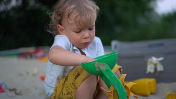 近照可爱可爱的金发男孩,带着塑料玩具在大自然的背景下在沙滩上.夏天户外,迷人害羞的孩子.童年、家庭和夏季概念 — 图库视频影像
