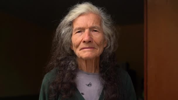 Портрет спокійної усміхненої літньої жінки з розпущеним сірим волоссям. Сіроока жінка посміхається дивиться на камеру — стокове відео