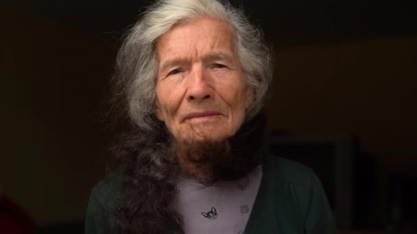 Ritratto ravvicinato di una vecchia nonna. Donna dai capelli grigi sorridente guardando la macchina fotografica, il vento sta mescolando i capelli — Video Stock