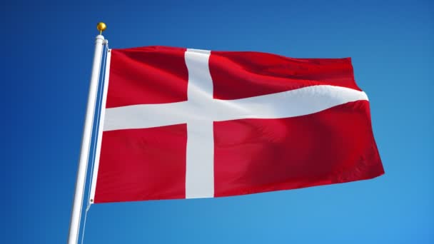 Vlajka Dánska v pomalém pohybu plynule se opakující s alfa — Stock video