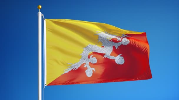 Yavaş çekimde Bhutan bayrağı alfa ile sorunsuz bir şekilde döngülü — Stok video
