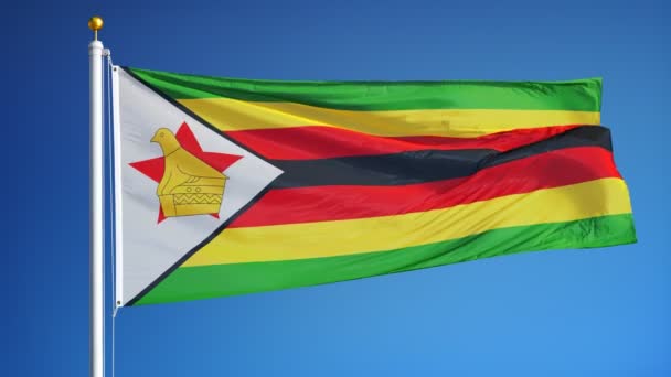 Bandeira do Zimbábue em câmera lenta perfeitamente enrolada com alfa — Vídeo de Stock