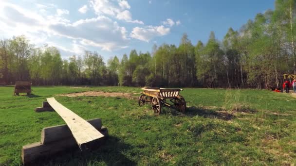 Russische houten kar in een veld — Stockvideo