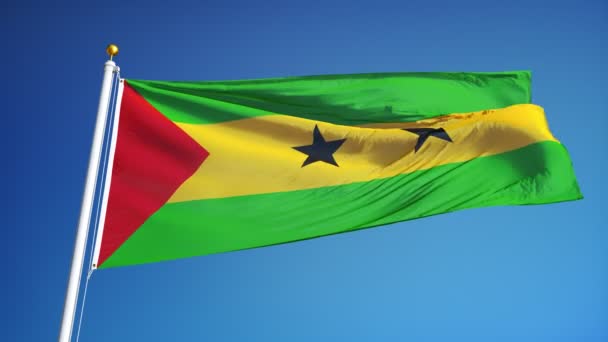 Sao Tome och Principe flagga i slow motion sömlöst loopas med alfa — Stockvideo