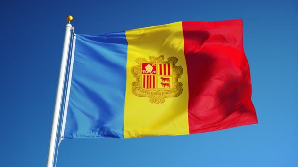 Bandera de Andorra en cámara lenta en bucle continuo con alfa — Vídeos de Stock