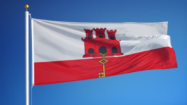 Bandeira de Gibraltar em câmera lenta perfeitamente enrolada com alfa — Vídeo de Stock